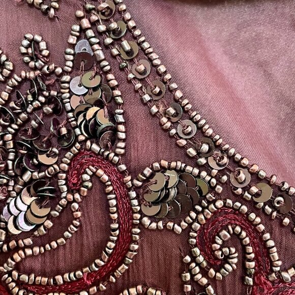 Adrianna Papell Vintage Silk Beaded Top Burgundy Red Petite 10 Short Sleeve Luxe - Picture 6 of 15